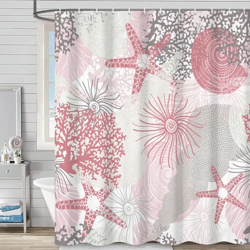 Miniatura 19 de Cortina de ducha náutica costera, cortina de baño con temática de playa y océano, decoración de baño con estrella de mar, coral, concha marina, tela