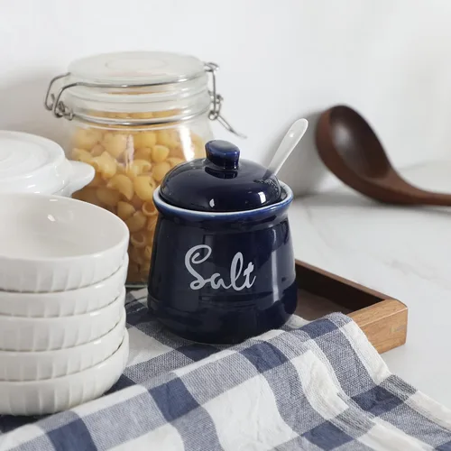 Miniatura 2 de Farmhouse - Sal de porcelana con tapa y cuchara, 12 onzas, fácil de limpiar (azul marino)