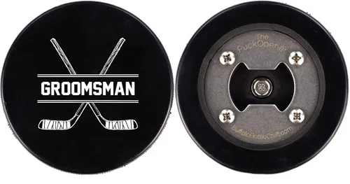 Miniatura 2 de Disco de hockey de acero inoxidable para abrebotellas, regalo para el mejor hombre padrinos de boda, disco impreso – Propuesta de disco de hockey