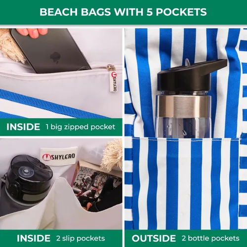 Miniatura 6 de Bolsa de playa y piscina SHYLERO. Tiene bolsa hermética, un montón de bolsillos. La bolsa tote para la playa tiene cremallera, es resistente al