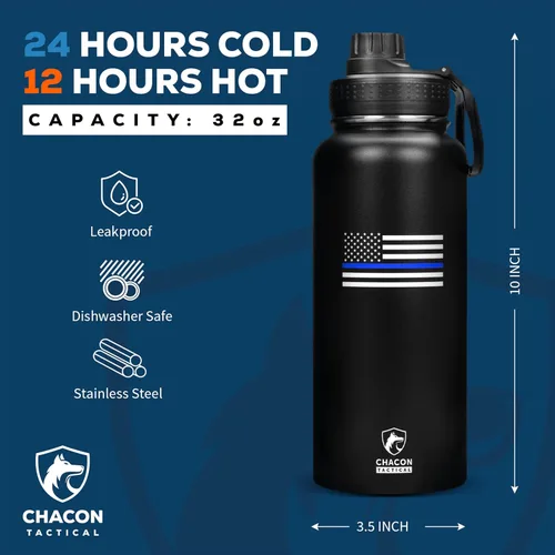 Miniatura 2 de Botella de agua aislada, negro, acero inoxidable, 32 onzas, diseño de bandera estadounidense de línea azul fina, boca ancha