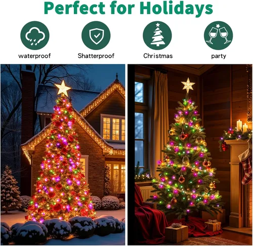 Miniatura 7 de Luces de cadena navideñas mini de 100 unidades en morado y verde, con certificación UL, equipadas con 8 modos de iluminación, perfectas para patios