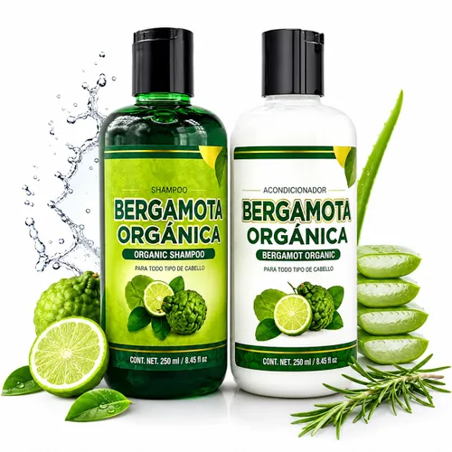 Champú Orgánico Bergamota + Acondicionador (16.9 fl oz) con Aloe Vera y Romero | CHAMPÚ ORGÁNICO BERGAMOTA con Sábila & Romero + Acondicionador -