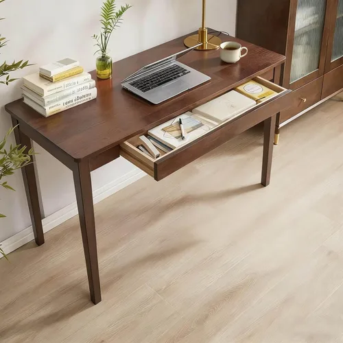 Escritorio de madera maciza, escritorio de madera de roble de 40 pulgadas con cajones, escritorio pequeño moderno de mediados de siglo con cajones