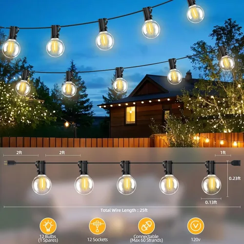 Miniatura 2 de Luces de cadena LED G40 para exteriores de 25 pies con 12+1 bombillas, enchufe E12, blanco cálido de 2700K, grado comercial, resistente a