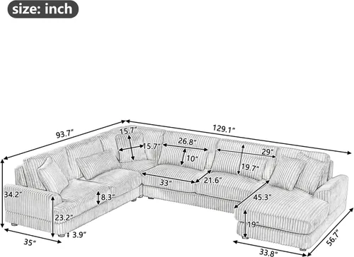 Miniatura 2 de Sofá modular de gran tamaño, moderno en forma de U, tapizado en pana suave con una tumbona para sala de estar