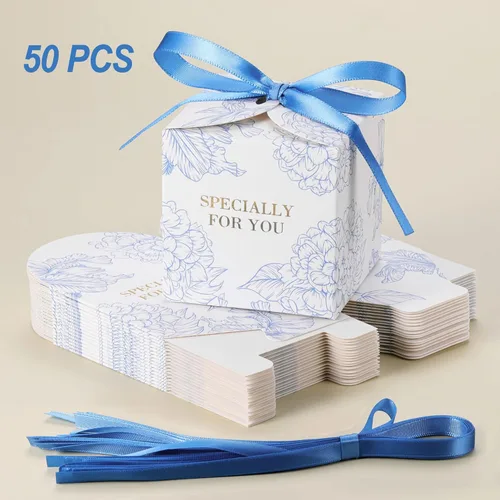 Miniatura 7 de Yoption 50 cajas de recuerdos de fiesta de hortensias, 2.75 x 2.75 x 2.75 pulgadas, cajas de dulces azules con cintas para decoración de bodas
