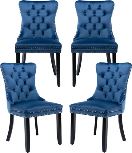 Miniatura 20 de Juego de 2 sillas de comedor de terciopelo, silla de comedor tapizada de alta gama con tirador de anillo en la espalda, adorno de clavos y patas