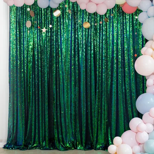 Miniatura 14 de ShinyBeauty Cortinas de lentejuelas 2 paneles 2 pies x 8 pies verde iridescente, telón de fondo para fotomatón, fondo para graduaciones, baby