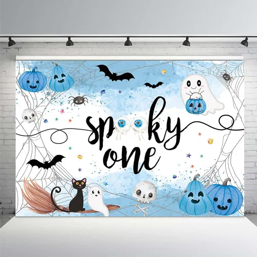 MEHOFOND Fondo espeluznante de Halloween de 7 x 5 pies, fondo azul acuarela Little Boo Baby Shower para niños, telaraña de murciélago, calabaza,