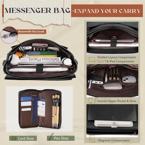 Miniatura 2 de RAINSMORE Bolso bandolera con solapa para hombre, de piel sintética vintage, estilo retro, de 15.6 pulgadas, con cartera, para laptop