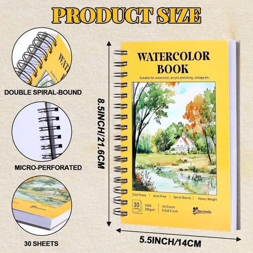 Miniatura 2 de 6 juegos de cuadernos de papel de acuarela de 5.5 x 8.5 pulgadas, 180 hojas de 140 libras (300 gsm) encuadernadas en espiral, sin ácidos, papel