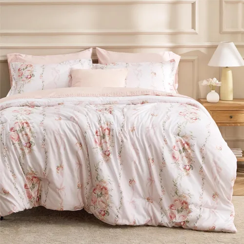 Miniatura 8 de Bedsure - Juego de edredón tamaño King, juego de ropa de cama floral lindo, 3 piezas, 1 edredón reversible suave verde salvia con flores botánicas