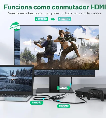 Miniatura 4 de Conmutador HDMI 4K@60Hz Divisor, GANA Conmutador HDMI Bidireccional de Aluminio 2 en 1 Salida, Hub HDMI Manual Soporta HD Compatible con Xbox Gris
