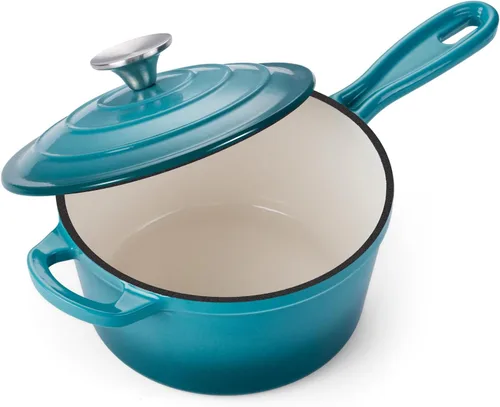 Miniatura 23 de Onader Sartén de hierro fundido esmaltado, cacerola pequeña de 1 cuarto de galón con tapa, olla de hierro fundido, horno holandés esmaltado, Blanco