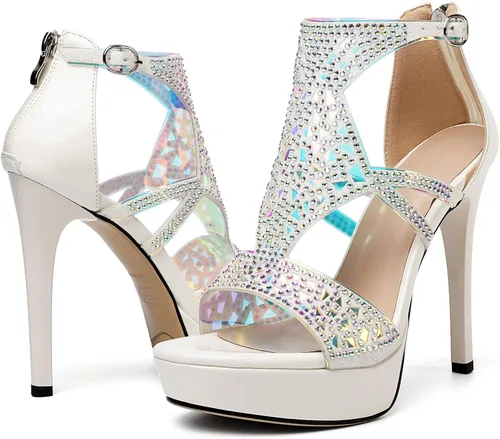 Miniatura 4 de Eldof Sandalias de tacón alto para mujer, sandalias de plataforma con tiras y puntera abierta, tacones de gladiador recortados con piedras