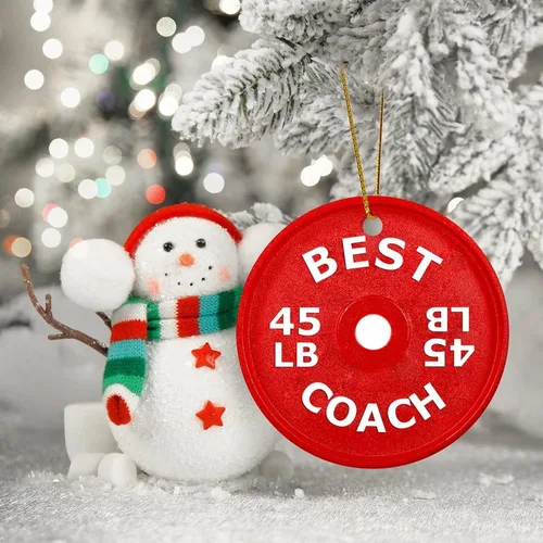 Miniatura 6 de Adorno redondo de cerámica colgante de Navidad divertido gimnasio con mancuernas decorativas para colgar recuerdos navideños personalizables