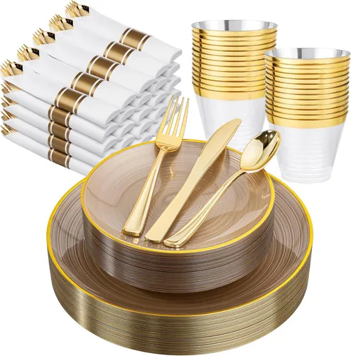 Miniatura 10 de Morejoy 175 platos de plástico rojo, platos desechables rojos con borde dorado, juego de vajilla de plástico rojo y dorado incluye: 50 platos, 25