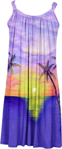 Miniatura 4 de Aobny Women's Sleeveless Tank Dresses Tropical Print Spaghetti Straps Summer Midi Dress Hawaiian Flowy Swing Beach Sundress