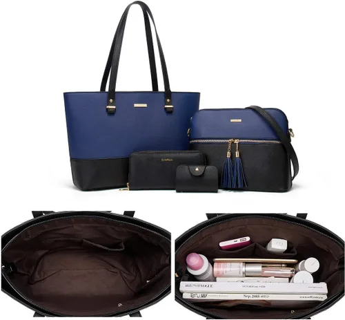 Miniatura 47 de Juego de 4 bolsas modernos para mujer de cuero sintético: bolso tote, bolso de hombro, bolso de mano y cartera.