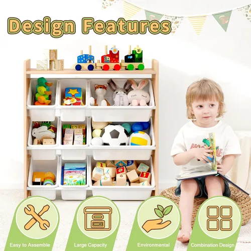 Miniatura 7 de MallBest Organizador de juguetes para niños con 9 contenedores – Estante de almacenamiento de 4 niveles 100% madera maciza para sala