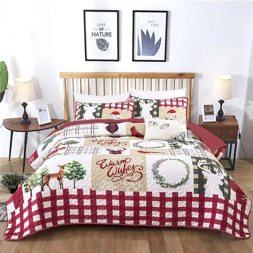 Miniatura 8 de WONGS BEDDING Juego de edredón de Navidad tamaño Queen, juego de ropa de cama con estampado de Papá Noel, alce, copo de nieve y árbol de Navidad