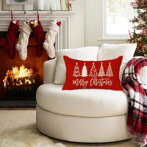 Miniatura 3 de RABUSOFA Fundas de almohada de Navidad de 12 x 20 pulgadas, almohadas decorativas de árbol de Navidad, fundas de cojín rojas de Navidad para Rojo