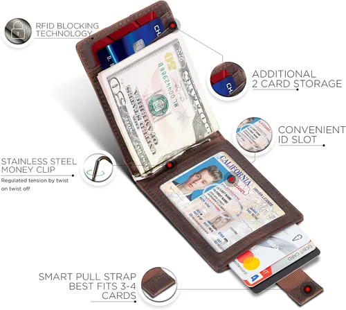 Miniatura 4 de SERMAN BRANDS - Billetera sencilla de cuero genuino con bloqueo RFID para hombre, billetera delgada con bolsillo frontal y clip para dinero