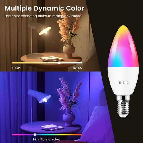 Miniatura 3 de OHLUX Bombilla LED E12, bombillas LED inteligentes para candelabros de 5 W, equivalente a 40 vatios, bombilla que cambia de color RGB compatible