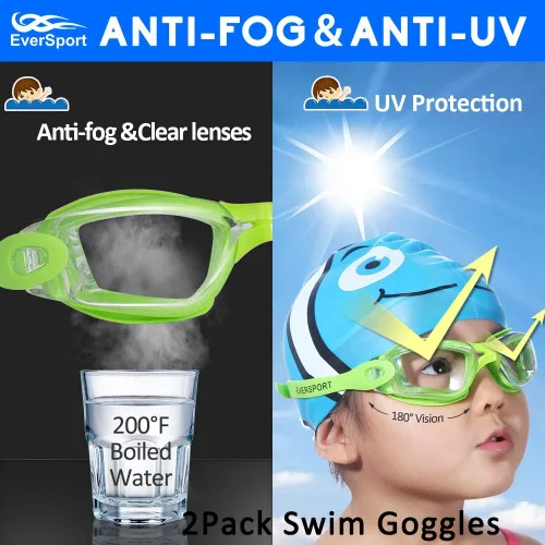 Miniatura 3 de EverSport Gafas de natación para niños, paquete de 2 gafas de natación para niños y adolescentes, gafas de natación antivaho anti-UV para jóvenes