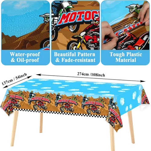 Miniatura 3 de Suministros para fiesta de cumpleaños de motocross sirve para 24 platos de papel para fiesta de motocicleta, juego de servilletas, mantel