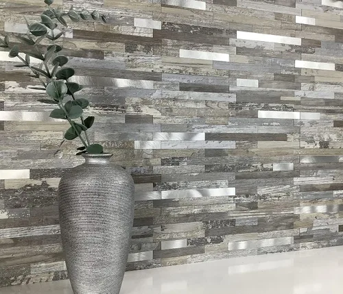 Miniatura 2 de DICOFUN - Azulejo adhesivo de loseta en muro de PVC para la cocina, estilo madera vieja, 1 lámina Madera envejecida y metal plateado