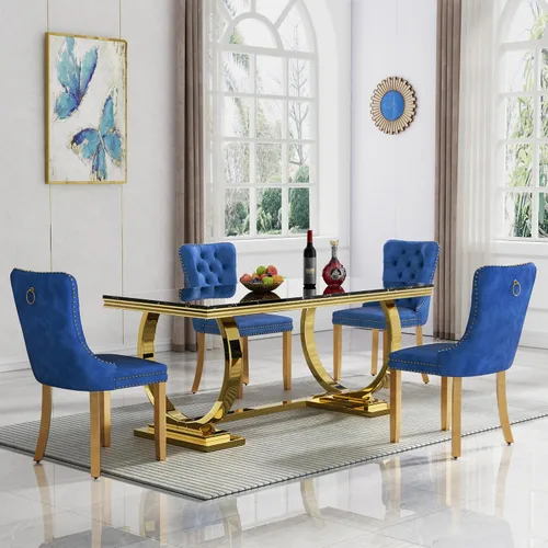 Miniatura 27 de Juego de mesa de comedor de mármol de 5 piezas para 4, mesa de cocina de lujo de 68 pulgadas de mármol negro dorado con 4 sillas tapizadas