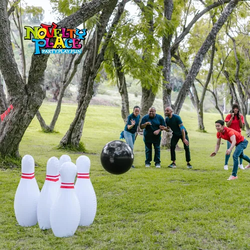 Miniatura 7 de Novelty Place Juego de bolos gigante inflable para la familia, bola de 14 pulgadas y 6 pines de gran tamaño de 22 pulgadas, juego de patio inflable