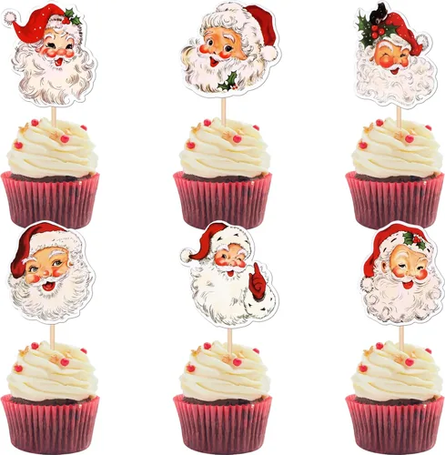Miniatura 16 de 24 piezas de adornos para cupcakes de Navidad dorados verdes y rojos con purpurina, Papá Noel, árbol de Navidad, adornos para cupcakes para el tema