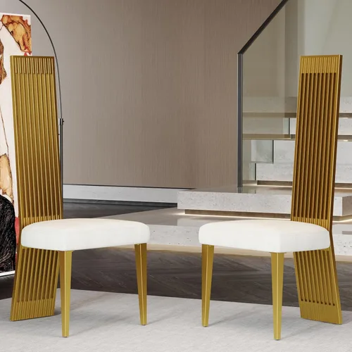 Juego de 2 sillas de comedor blancas y doradas, sillas de comedor tapizadas con respaldo alto con respaldo y patas de acero inoxidable cepillado,