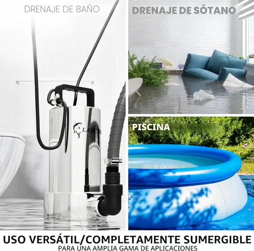 Miniatura 6 de LANCHEZ Bomba de sumidero de 1.6 HP 6000 GPH, bomba de agua sumergible de alto flujo de acero inoxidable con interruptor de flotador, bomba de agua