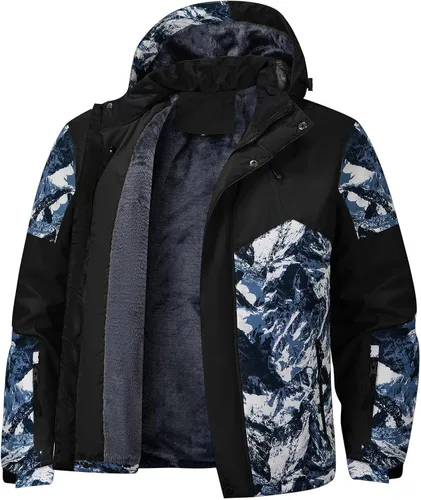 Miniatura 3 de FTIMILD Chaqueta de esquí impermeable para hombre de invierno, forro polar de alta visibilidad con capucha acolchada y diseño de patchwork