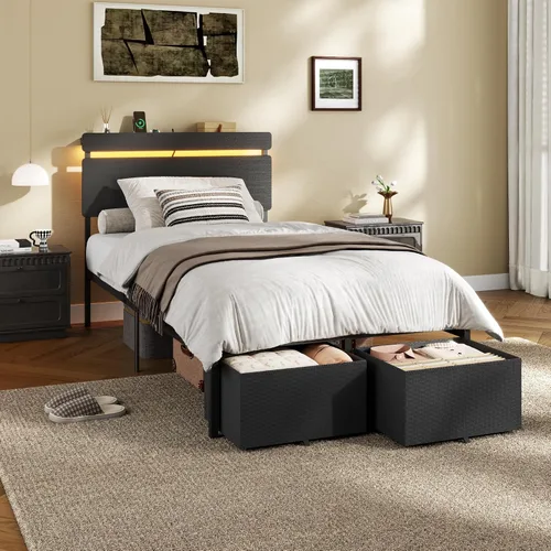 Miniatura 4 de Forestell - Marcos de cama individual con cabecera de madera, cama plataforma negra con 2 cajones de almacenamiento y estante, estación de carga