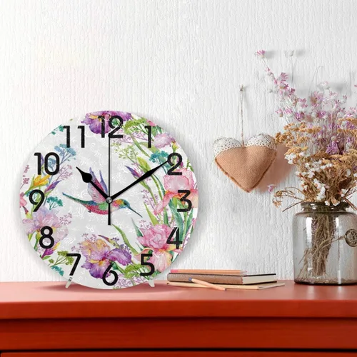 Miniatura 3 de Spring Hummingbird - Reloj de pared redondo con estampado de flores, 9.5 pulgadas, funciona con pilas, reloj de escritorio analógico silencioso