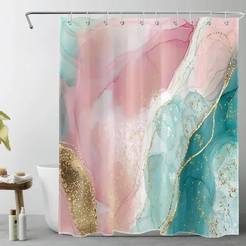 Miniatura 24 de HVEST Cortina de ducha geométrica rosa con ganchos, cortina de ducha moderna geométrica abstracta gris y blanco para baño, 72 x 72 pulgadas, juego