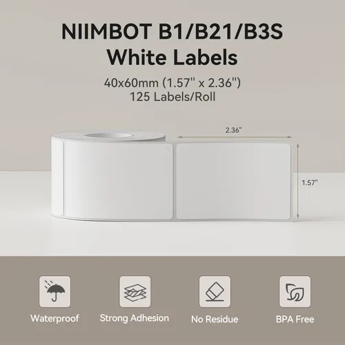 Miniatura 2 de NIIMBOT Etiquetas para B1/B21/B3S/K3, 1.57 x 2.36 pulgadas (40x60mm), 125 etiquetas/rollo, papel de impresión de etiquetas térmicas impermeables