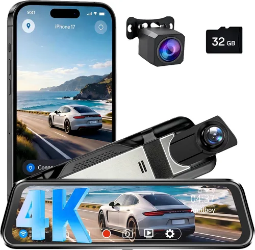 Cámara de tablero doble espejo, cámara delantera y trasera para automóvil con grabación dual 4K+2.5K, aplicación WiFi, control de voz, visión