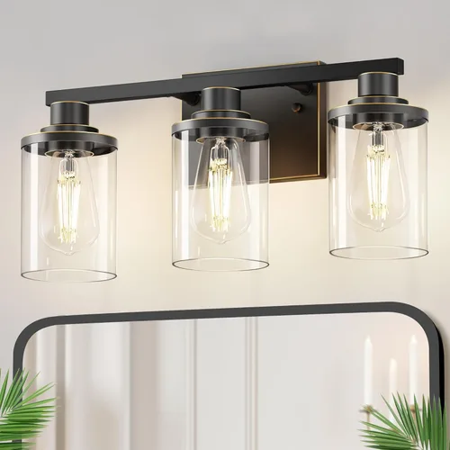 Miniatura 36 de DORESshop Lámparas de baño, 3 luces negras y doradas para baño sobre espejo con pantalla de vidrio transparente, luces de tocador para baño, Negro