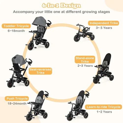 Miniatura 4 de HONEY JOY Triciclo, cochecito 6 en 1 para niños con asa de empuje ajustable y toldo, asiento reversible, cinturón de seguridad, pedal plegable, Gris