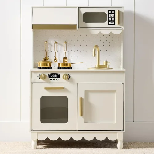 Best Choice Products - Juguetes de madera para niños, cocina de simulación con almacenamiento, borde festoneado, 5 accesorios, microondas, horno,
