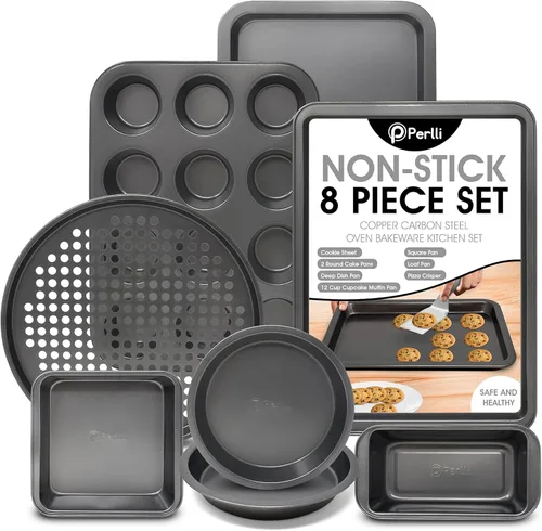 Miniatura 10 de Perlli Juego de 10 moldes para hornear antiadherentes de acero al carbono, gris para horno, 2 hojas de galletas, 2 moldes redondos para pasteles
