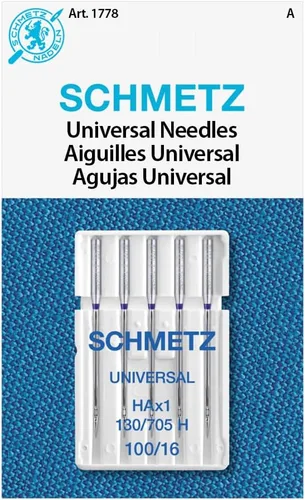 SCHMETZ Agujas universales para máquina de coser – Aguja de coser multiusos resistente, tamaño 100/16, tarjeta de 5 agujas, paquete de 1
