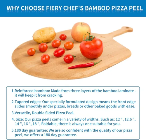 Miniatura 6 de Fiery Chef Pala de pizza de bambú de 12 pulgadas, tabla de cortar de madera ligera y lisa con 8 ranuras para rebanadas, accesorios para horno