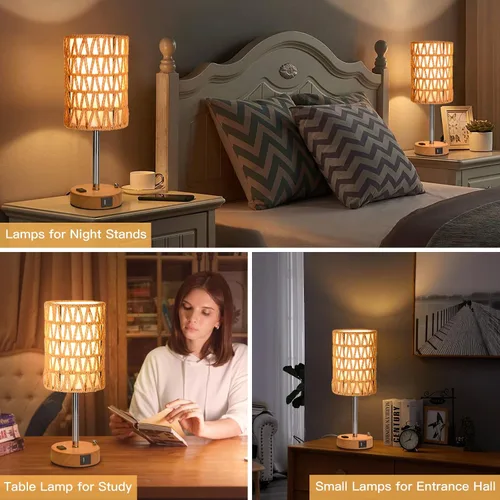 Miniatura 7 de Lámparas de mesa de ratán para sala de estar, lámparas táctiles regulables de 3 vías, lámparas de noche pequeñas con bombillas LED, soporte